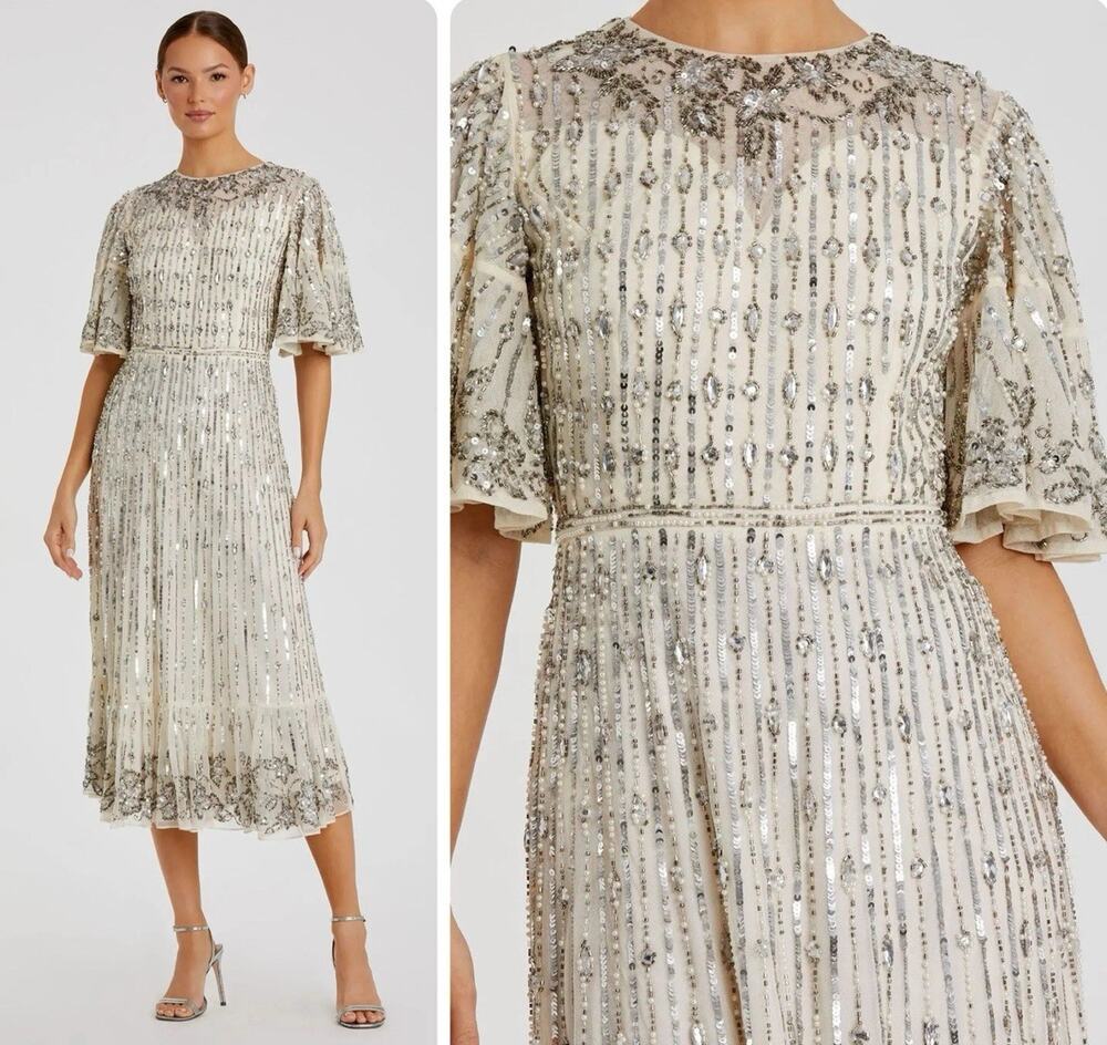 Mac Duggal 5579 Sequined Midi Dress Size 6 Nude Silver Short Flounce Sleeve NWT